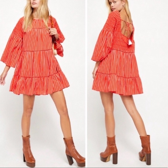 NEW Free People Lola Embroidered Capri Orange Mini Dress L - Picture 3 of 16